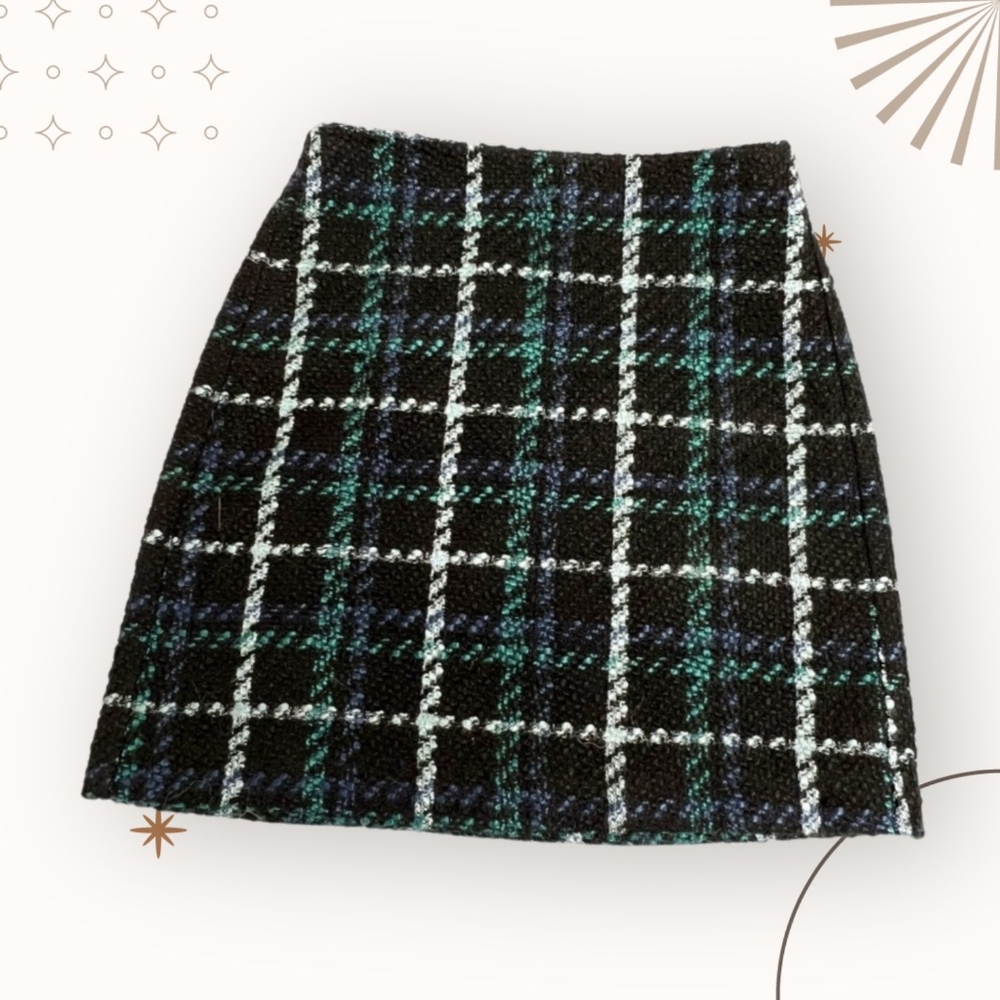 Loft by Ann Taylor, Tweed Shift Skirt, Green and Blue Plaid, Size 16